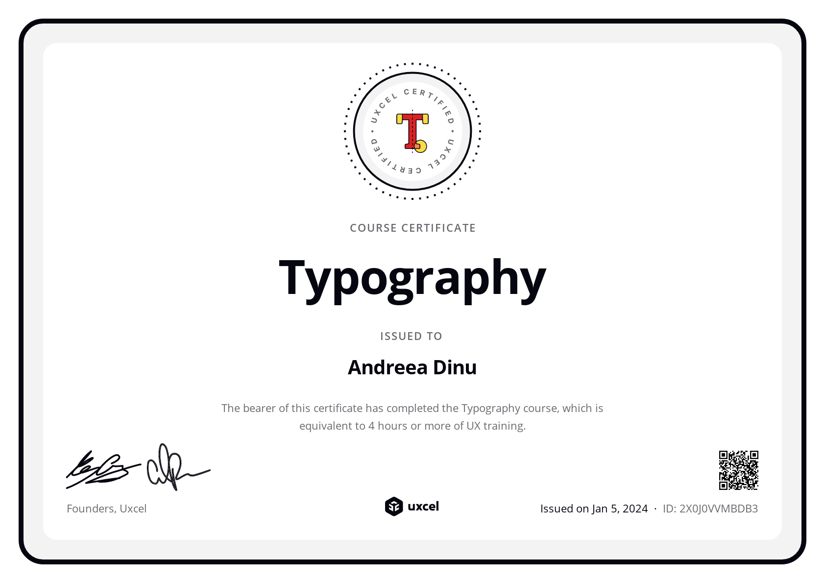 Andreea Dinu's certificate